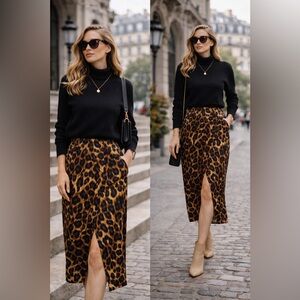 Zara Basic Leopard Print Midi Skirt Front Slit Zip Back Women Medium Flowy